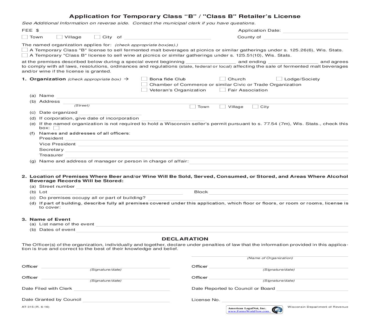 Application For Temporary Class B - Class B Retailers License {AT-315} | Pdf Fpdf Doc Docx | Wisconsin