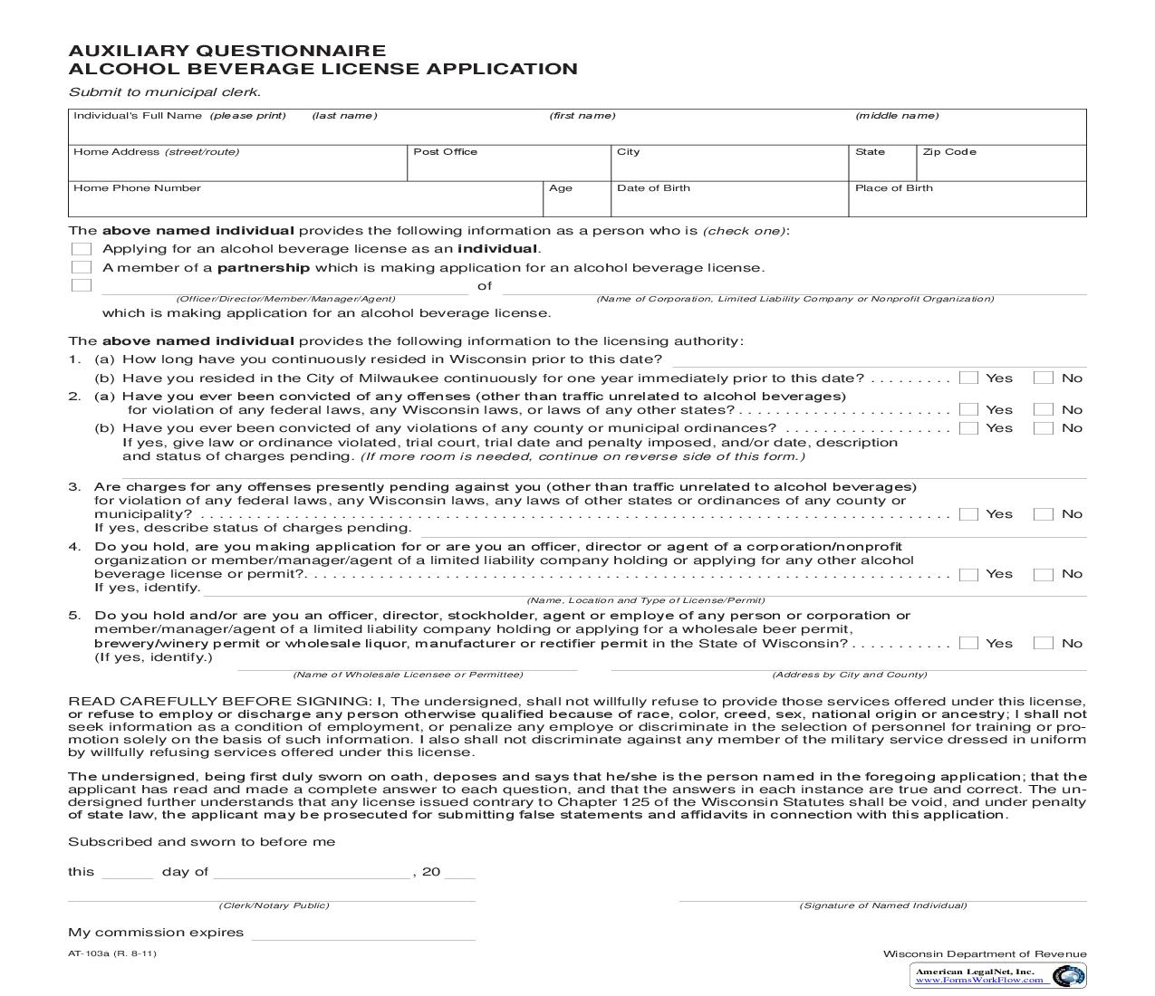 Auxiliary Questionnaire (City Of Milwaukee Use Only) {AT-103a} | Pdf Fpdf Doc Docx | Wisconsin