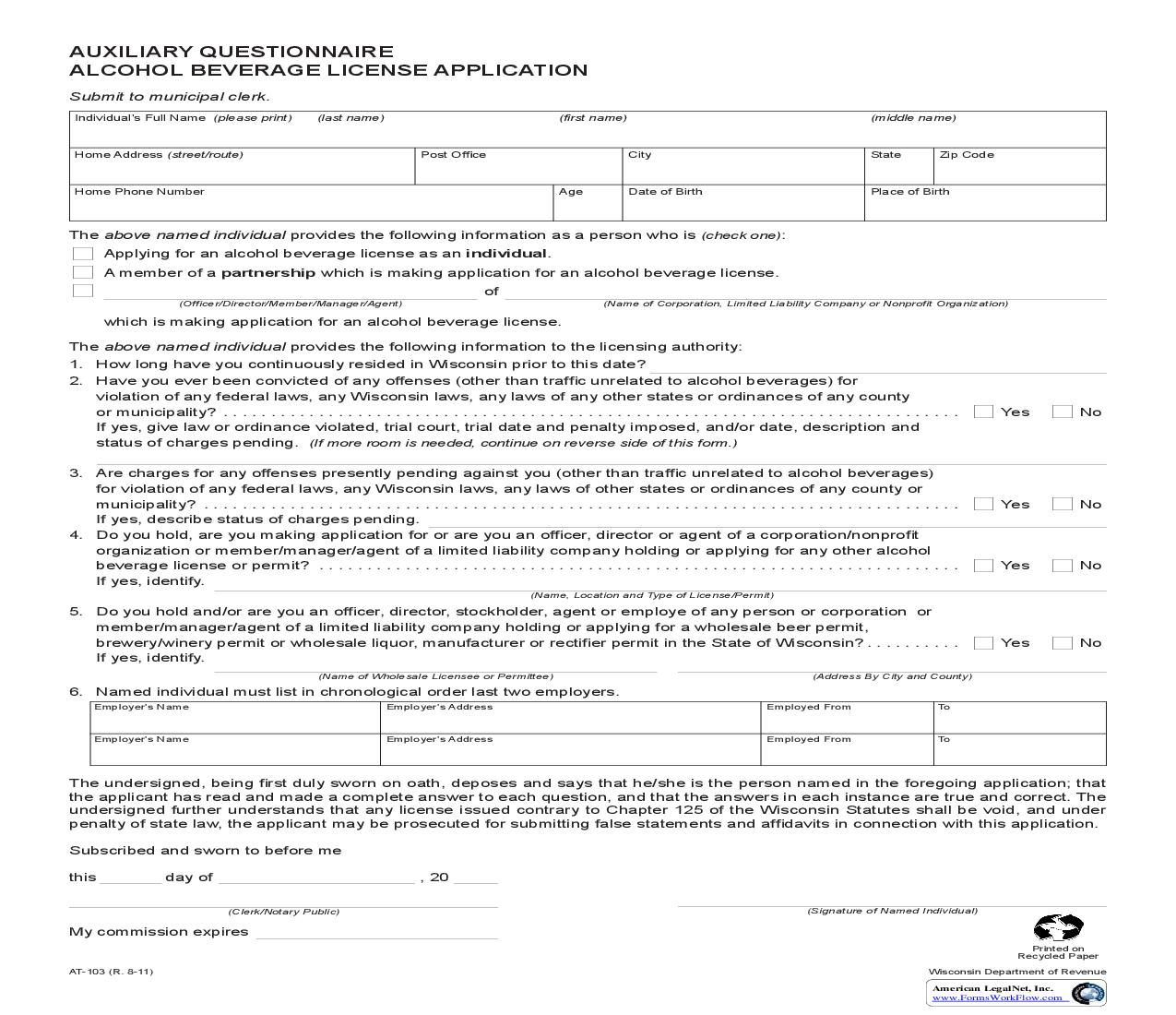 Auxiliary Questionnaire Alcohol Beverage License Application {AT-103} | Pdf Fpdf Doc Docx | Wisconsin