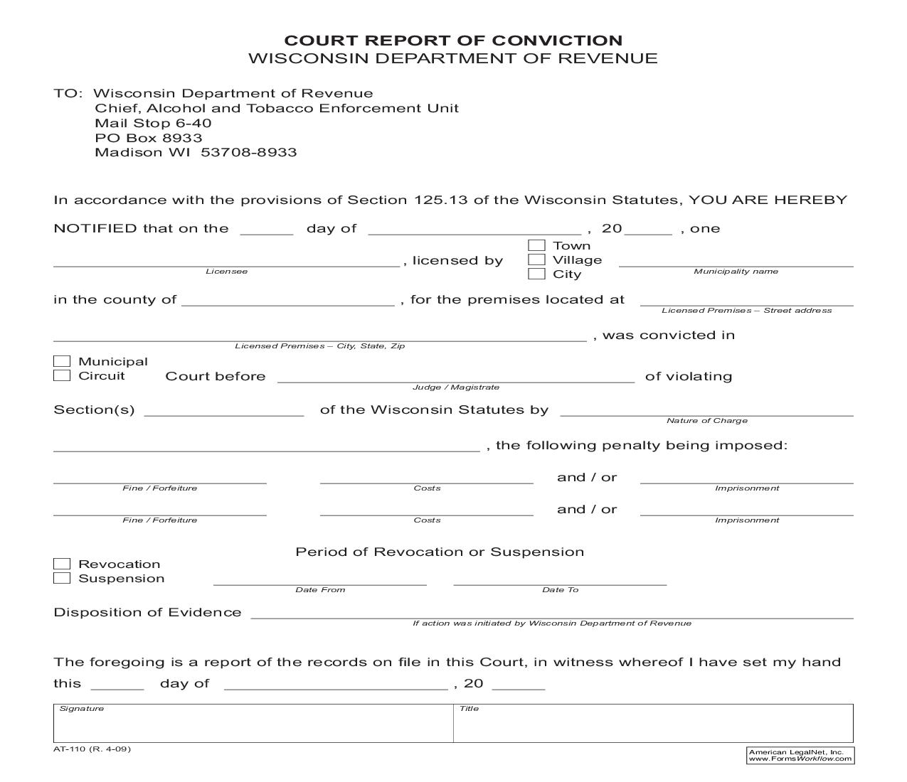 Court Report Of Conviction {AT-110} | Pdf Fpdf Doc Docx | Wisconsin