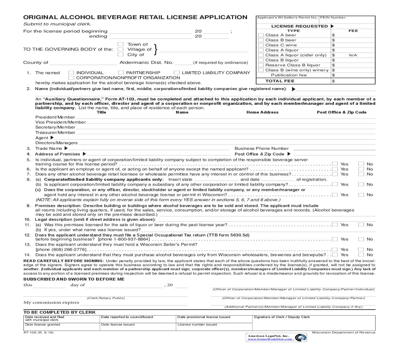 Original Alcohol Beverage License Application {AT-106} | Pdf Fpdf Doc Docx | Wisconsin
