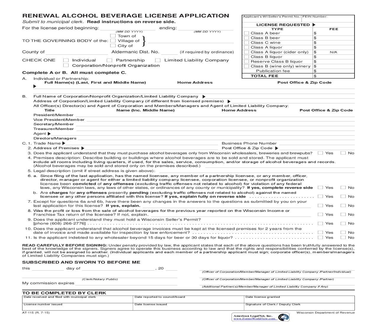 Renewal Alcohol Beverage License Application {AT-115} | Pdf Fpdf Doc Docx | Wisconsin