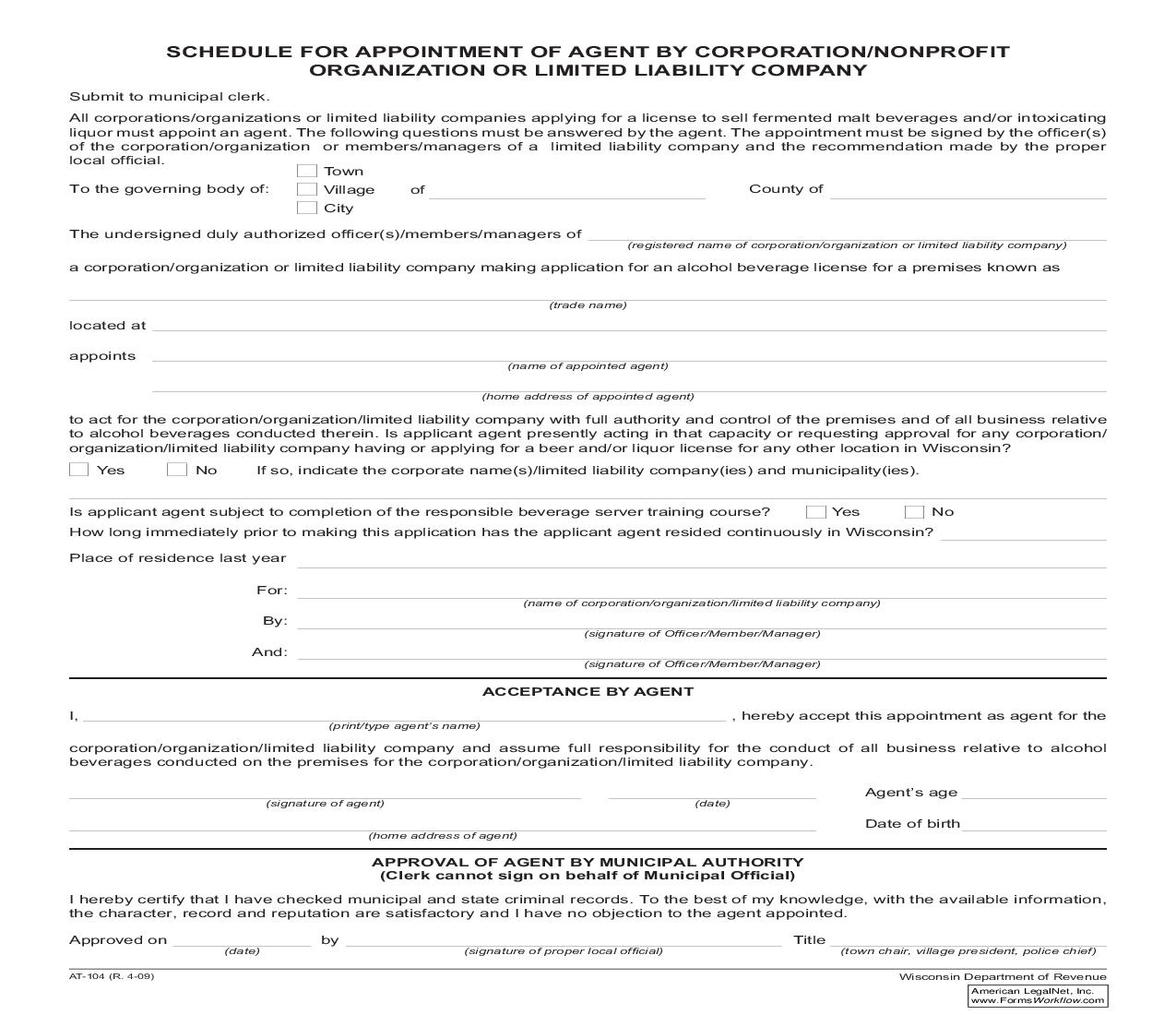 Schedule For Appointment Of Agent By Corporation, Nonprofit Organization Or Limited Loability Company {AT-104} | Pdf Fpdf Doc Docx | Wisconsin