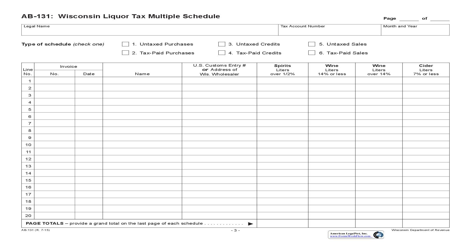 Liquor Tax Multiple Schedule {AB-131} | Pdf Fpdf Doc Docx | Wisconsin