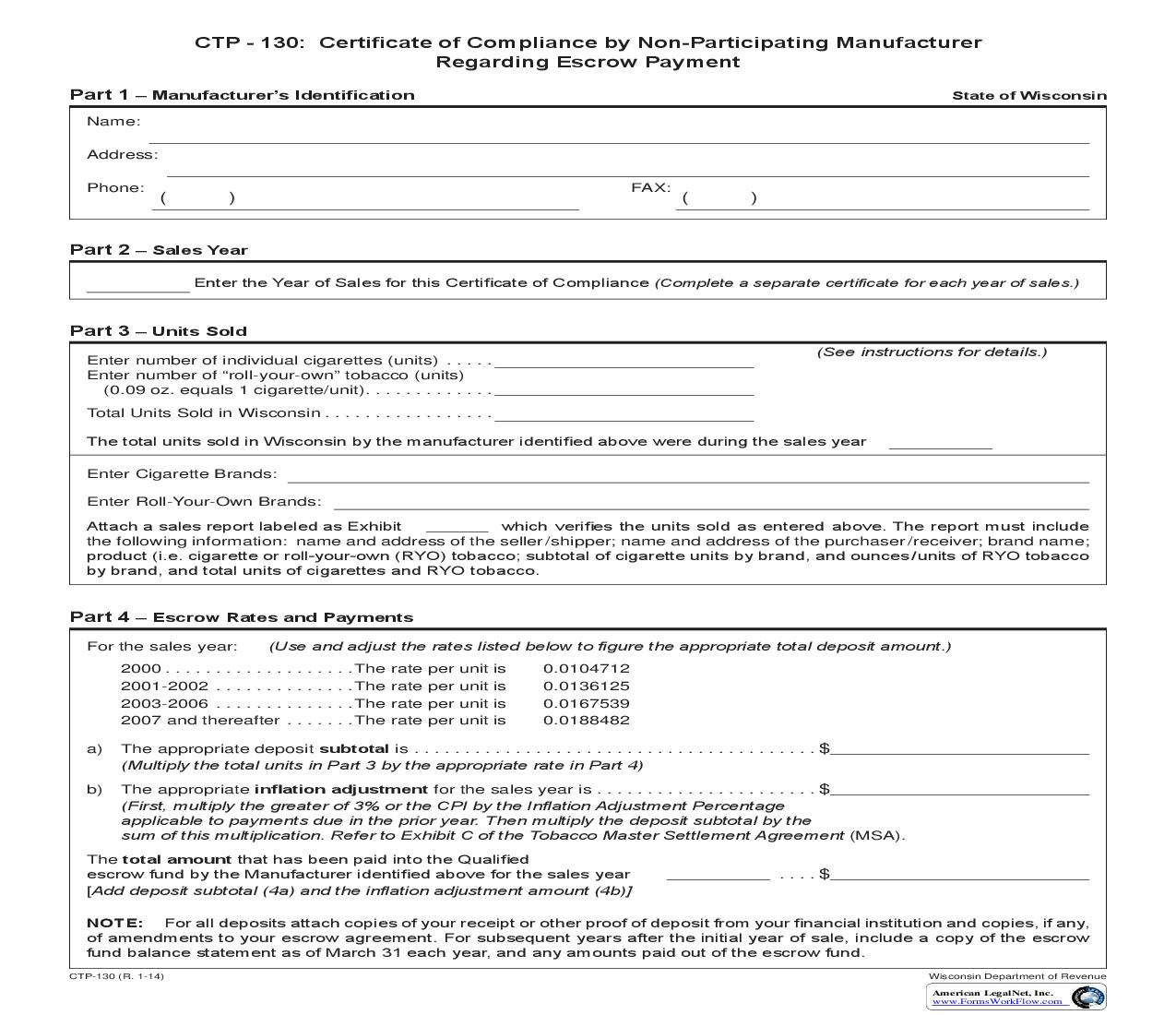 Certificate Of Compliance By Non-Participating Manufacturer Regarding Escrow Agreement {CTP-130} | Pdf Fpdf Doc Docx | Wisconsin