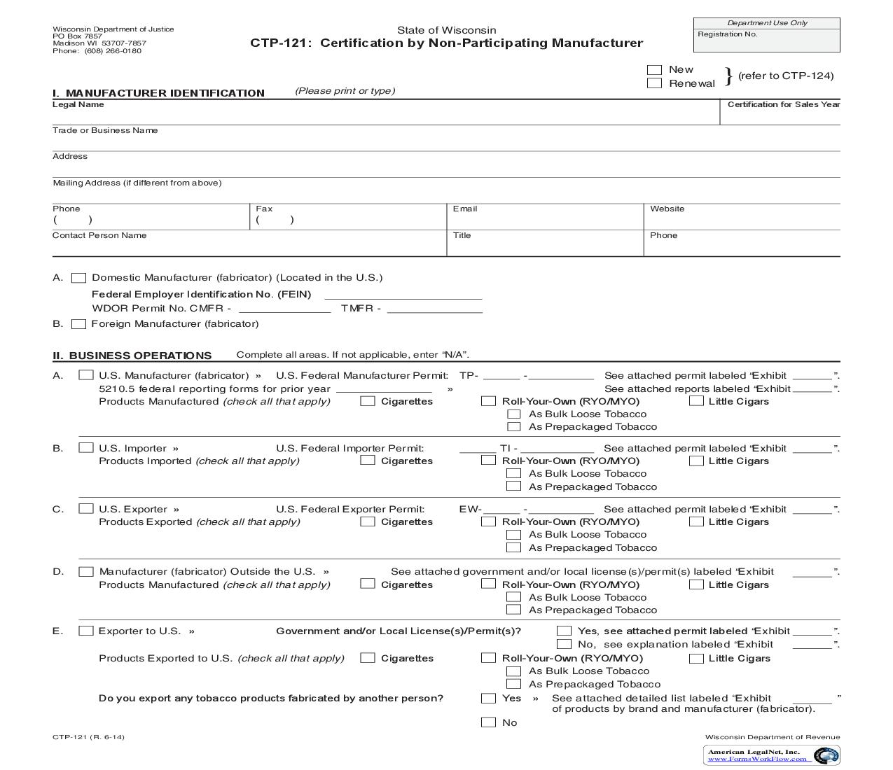 Certification By Non-Participating Manufacturer {CTP-121} | Pdf Fpdf Doc Docx | Wisconsin
