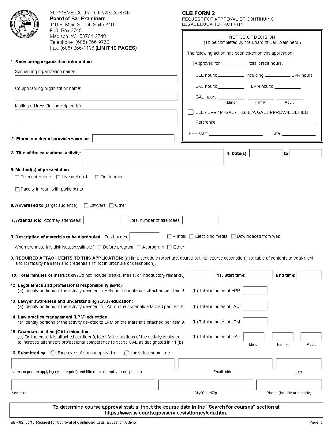 Request For Approval Of Continuing Legal Education Activity {CLE-2} | Pdf Fpdf Docx | Wisconsin