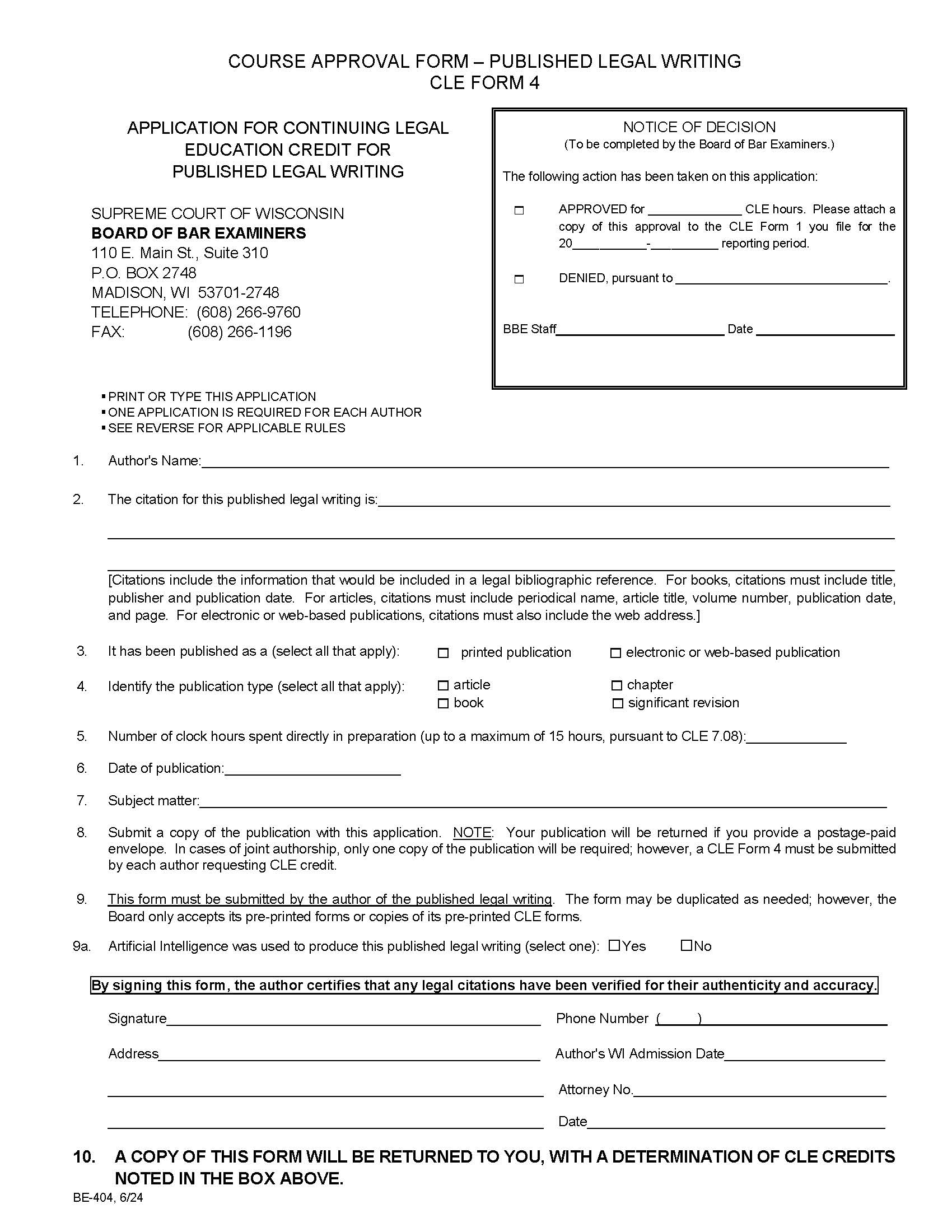 Request For Approval Of Continuing Legal Education Credit For Published Legal Writing {CLE-4} | Pdf Fpdf Doc Docx | Wisconsin