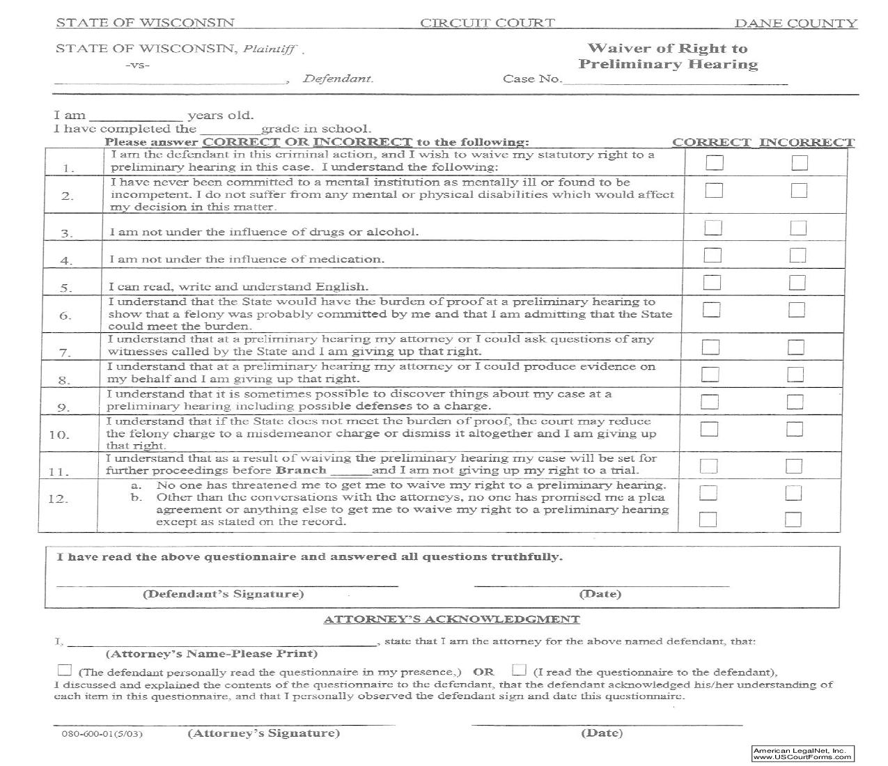 Waiver Of Right To Preliminary Hearing | Pdf Fpdf Doc Docx | Wisconsin