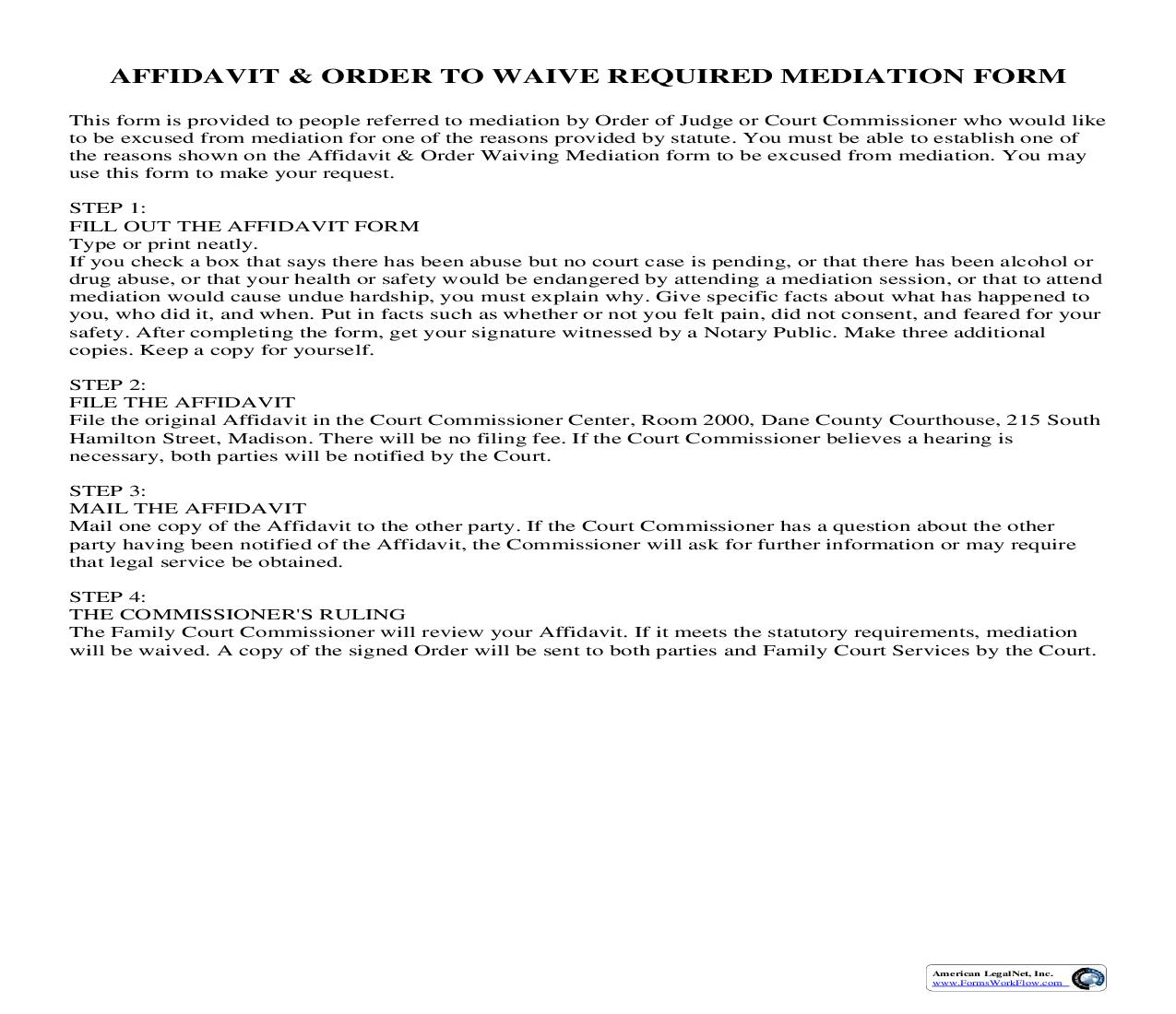 Affidavit And Order To Waive Mediation | Pdf Fpdf Doc Docx | Wisconsin