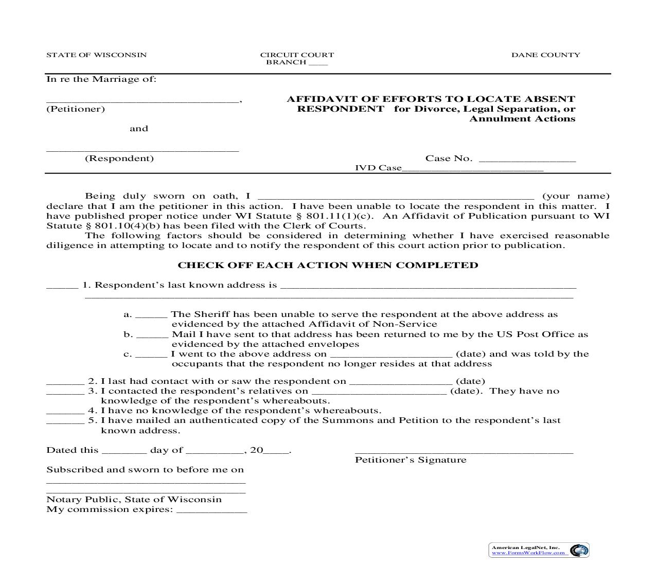 Affidavit Of Efforts To Locate Absent Respondent (For Divorce Legal Separation Or Annulment Actions) | Pdf Fpdf Doc Docx | Wisconsin