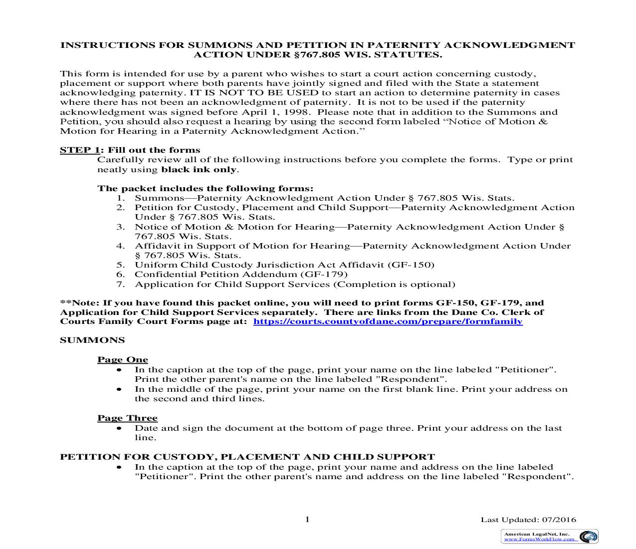 Paternity Packet | Pdf Fpdf Doc Docx | Wisconsin