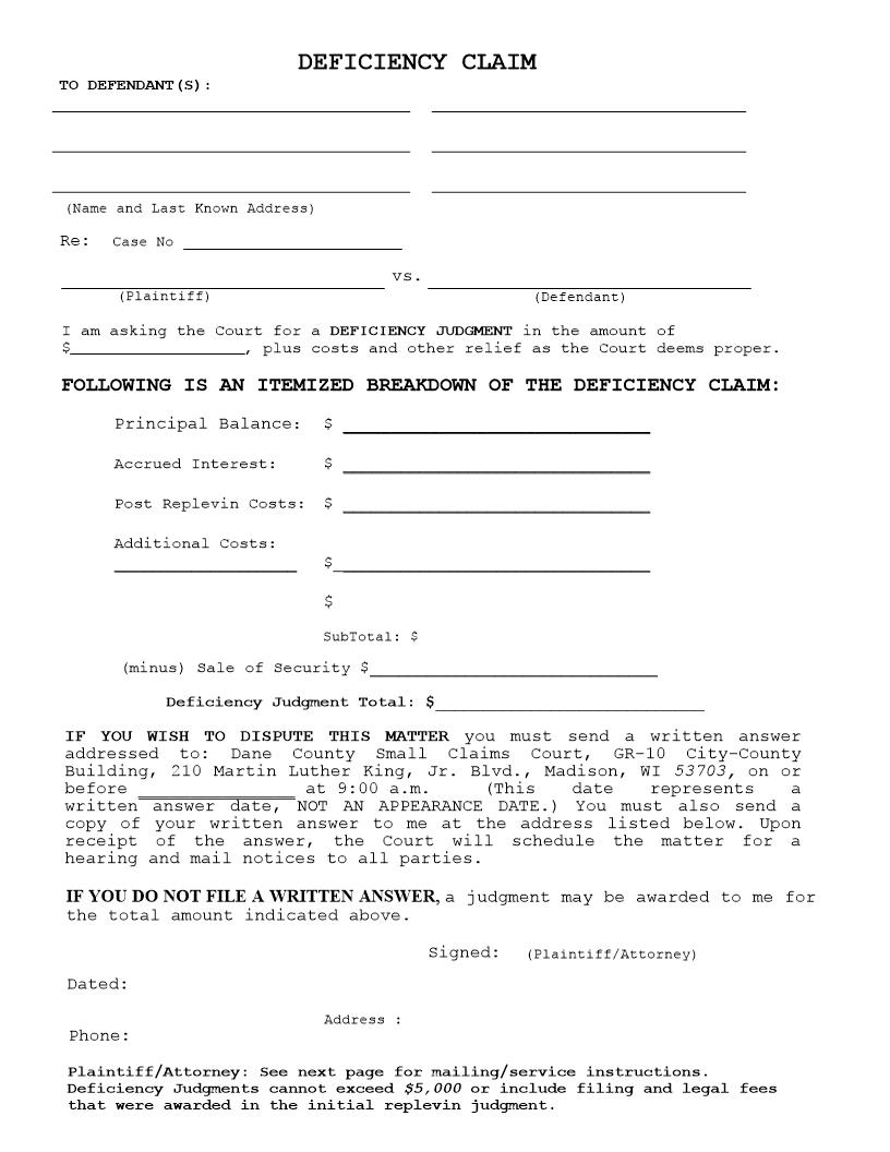 Deficiency Claim | Pdf Fpdf Doc Docx | Wisconsin