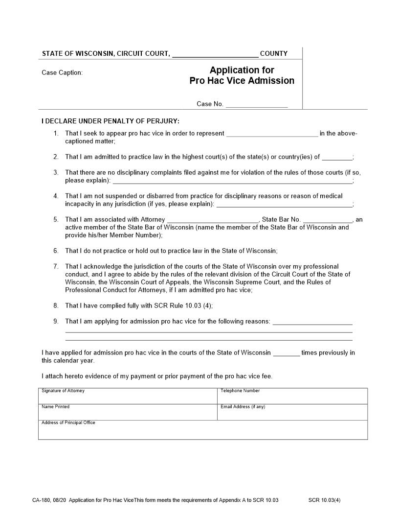 Application For Pro Hac Vice {CA-180} | Pdf Fpdf Docx | Wisconsin