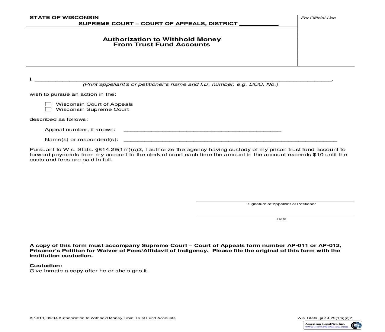 Authorization To Withhold Money From Trust Fund Accounts {AP-013} | Pdf Fpdf Doc Docx | Wisconsin
