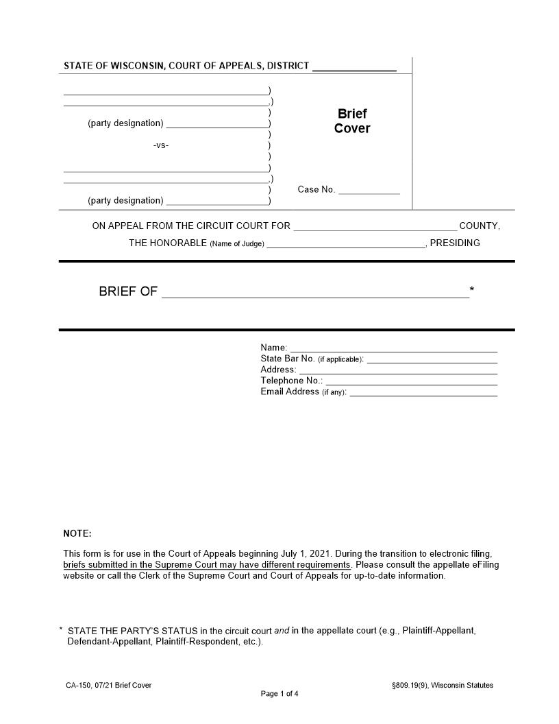 Brief Cover {CA-150} | Pdf Fpdf Doc Docx | Wisconsin
