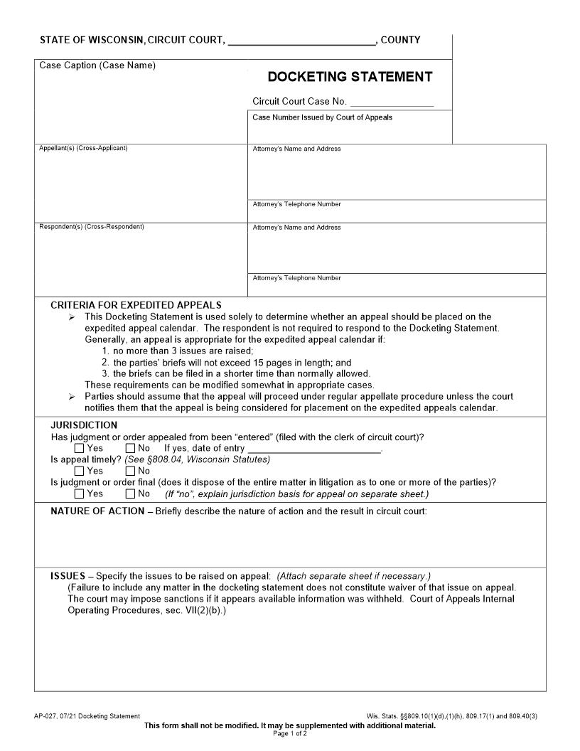 Docketing Statement {AP-027} | Pdf Fpdf Doc Docx | Wisconsin