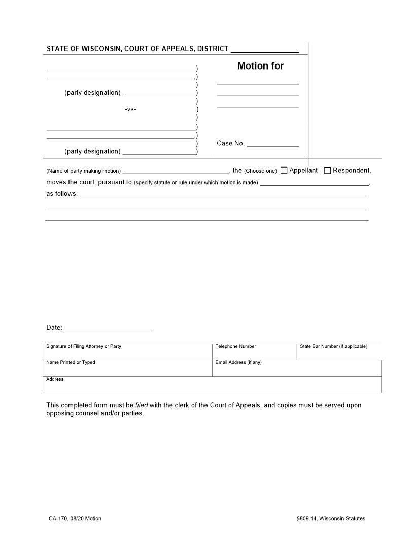 Motion (General) {CA-170} | Pdf Fpdf Doc Docx | Wisconsin