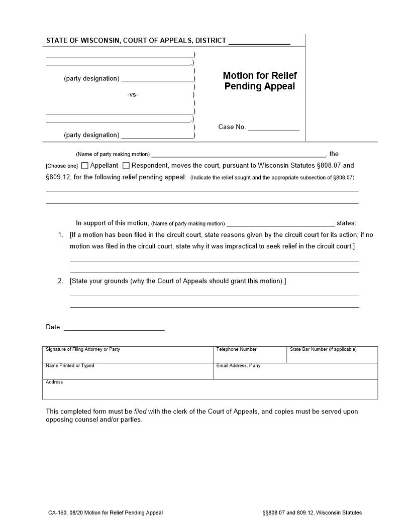 Motion For Relief Pending Appeal {CA-160} | Pdf Fpdf Doc Docx | Wisconsin