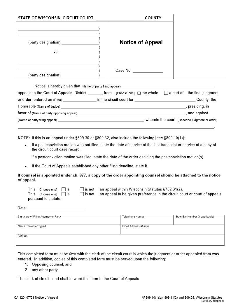 Notice Of Appeal {CA-120} | Pdf Fpdf Doc Docx | Wisconsin