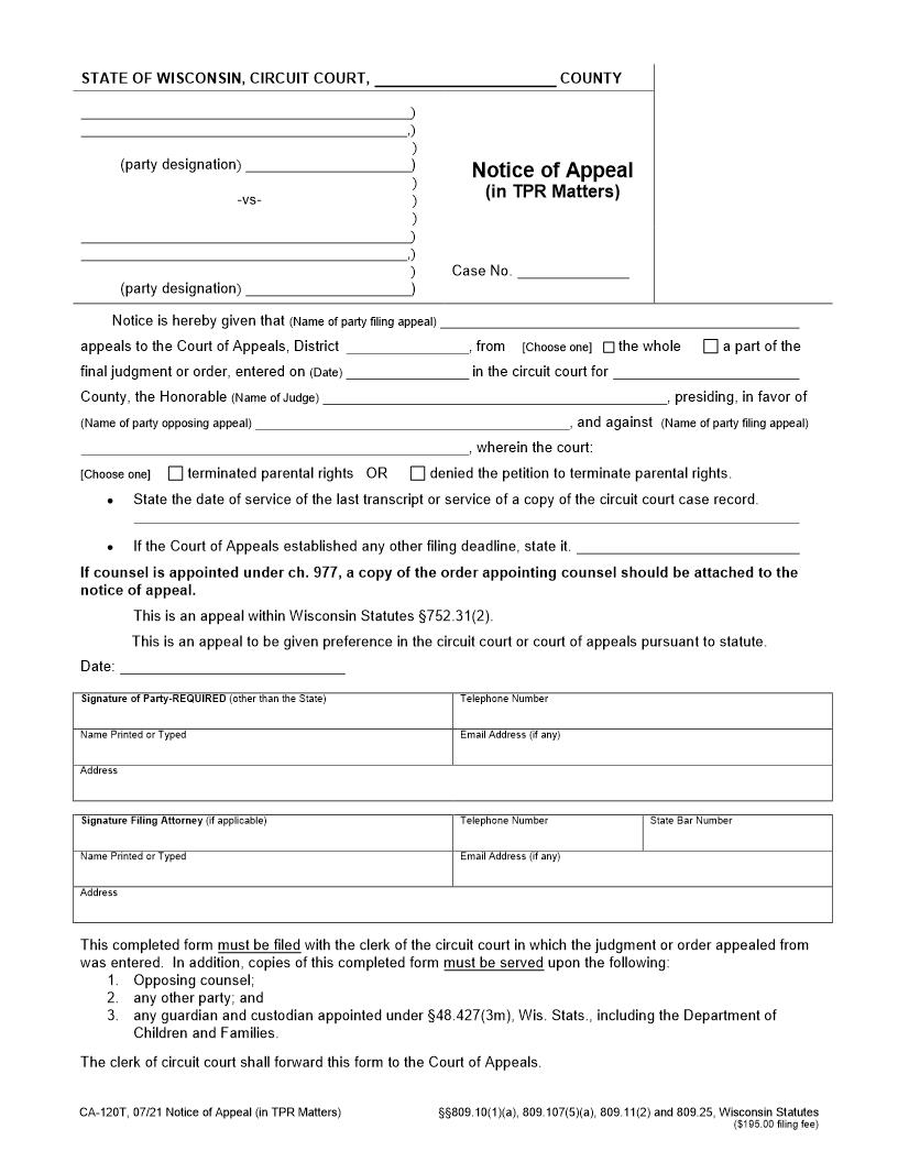 Notice Of Appeal TPR Matters {CA-120T} | Pdf Fpdf Docx | Wisconsin