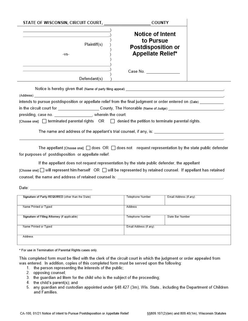 Notice Of Intent To Pursue Postconviction Or Appellate Relief {CA-100} | Pdf Fpdf Docx | Wisconsin