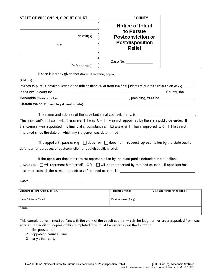 Notice Of Intent To Pursue Postconviction Or Postdisposition Relief {CA-110} | Pdf Fpdf Doc Docx | Wisconsin