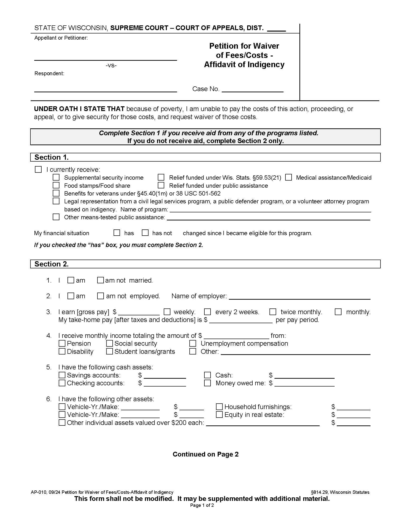 Petition For Waiver Of Fees-Costs-Affidavit Of Indigency {AP-010} | Pdf Fpdf Doc Docx | Wisconsin