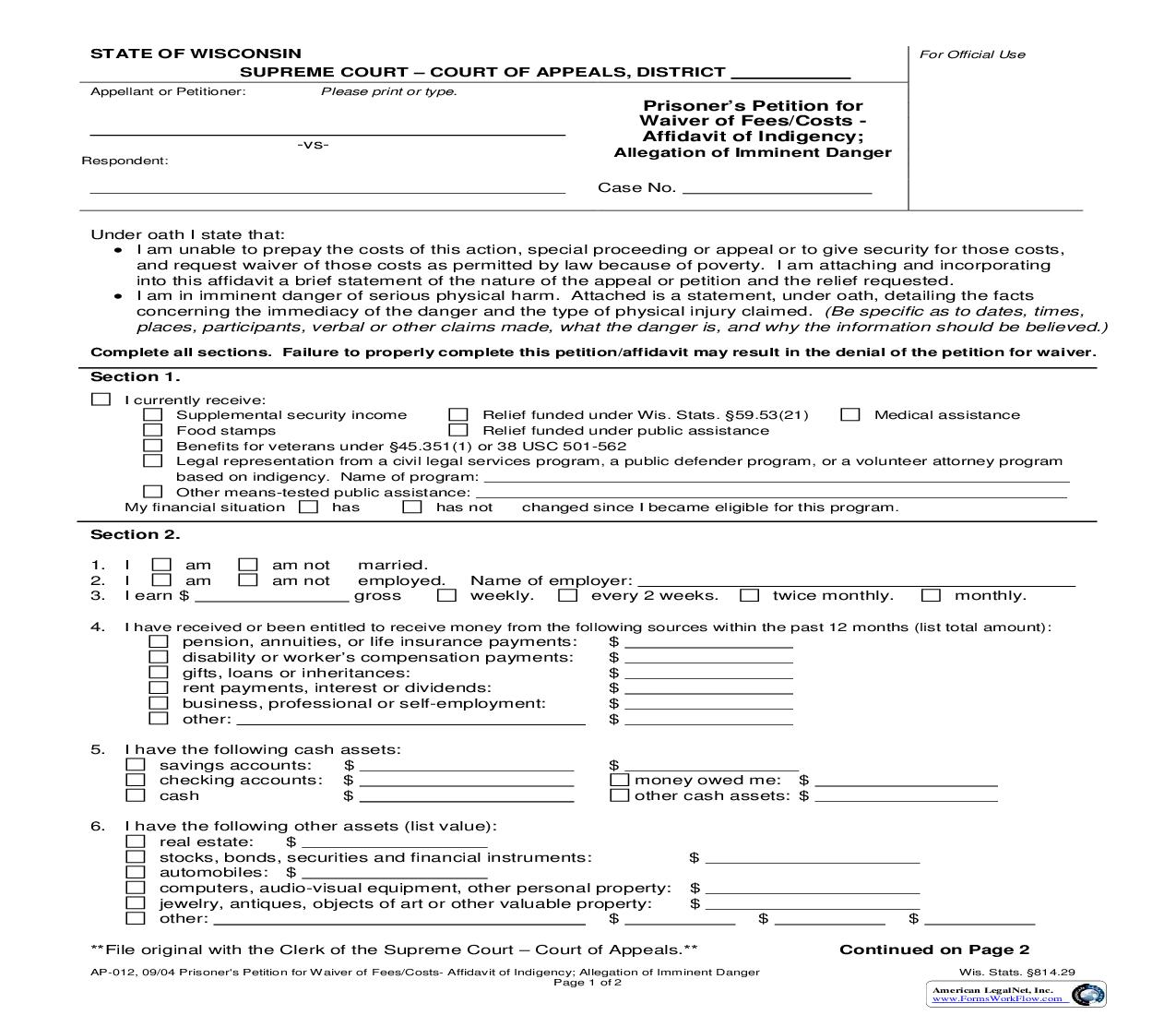 Prisoners Petition For Waiver Of Fees-Costs (Allegation Of Imminent Danger) {AP-012} | Pdf Fpdf Doc Docx | Wisconsin