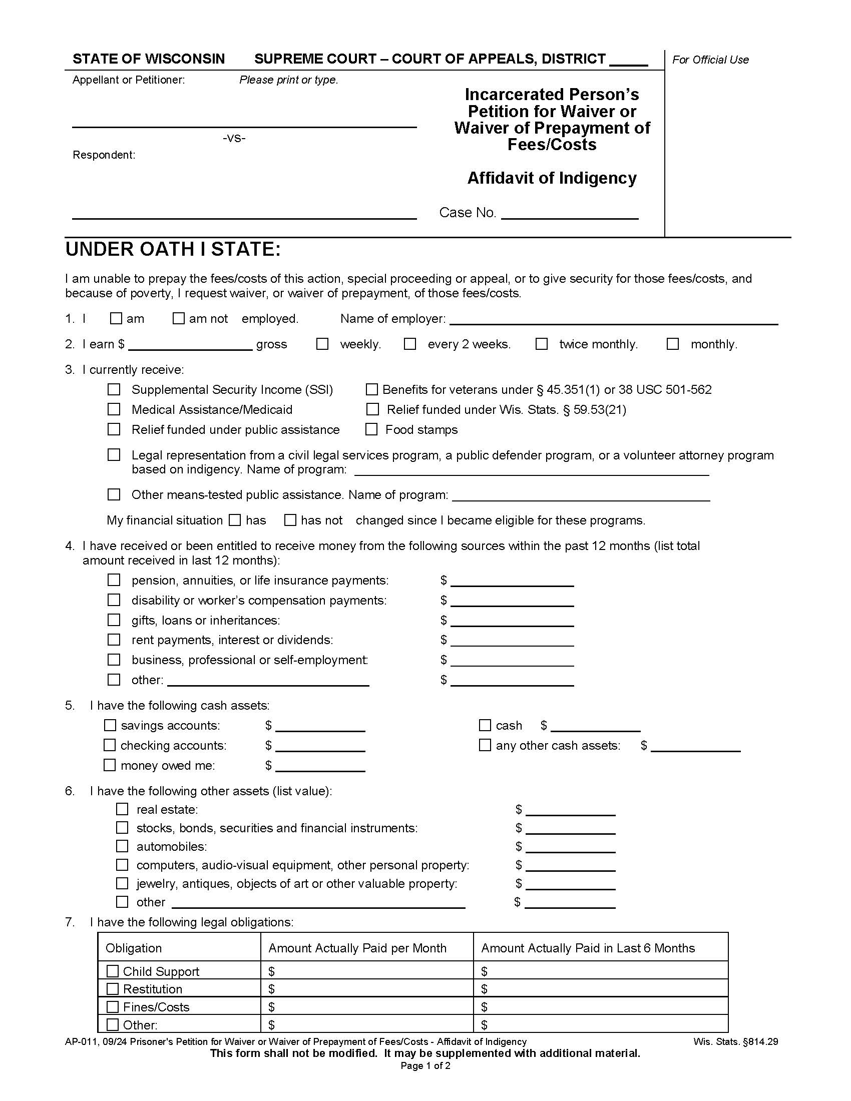 Prisoners Petition For Wavier Of Fees-Costs-Affidavit of Indigency {AP-011} | Pdf Fpdf Doc Docx | Wisconsin