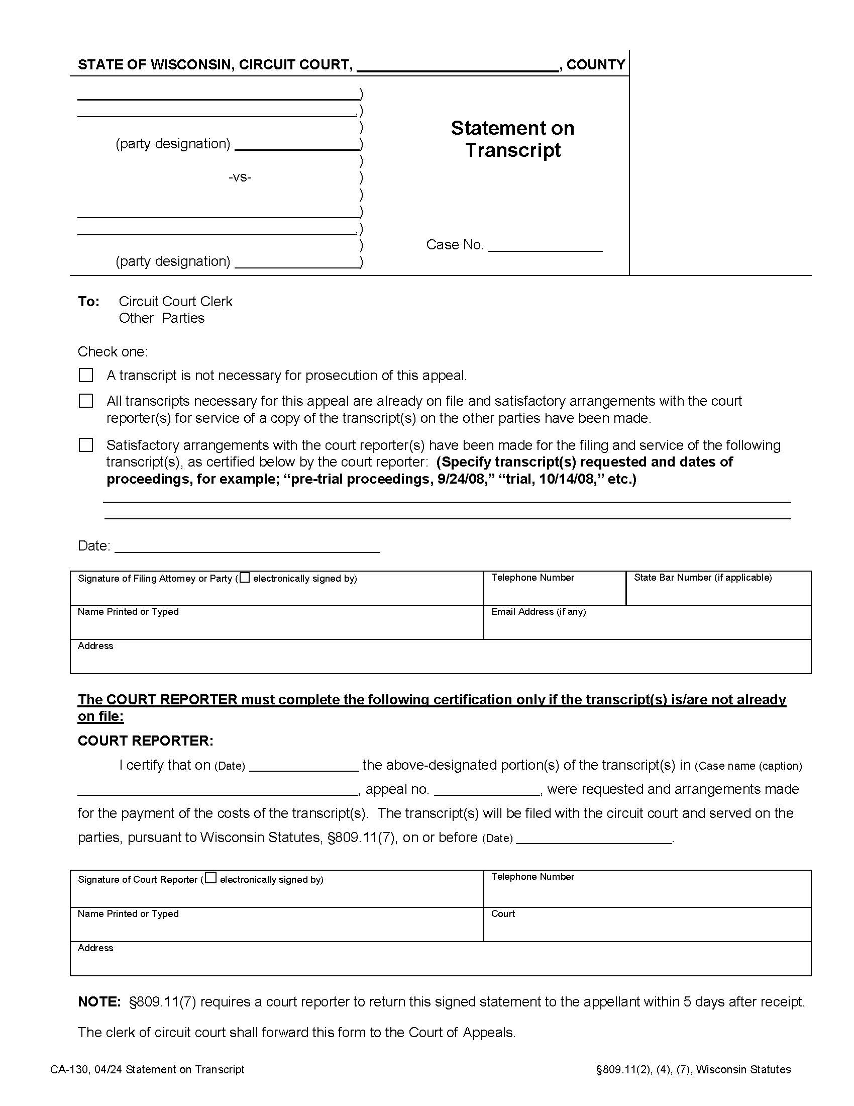 Statement On Transcript {CA-130} | Pdf Fpdf Doc Docx | Wisconsin