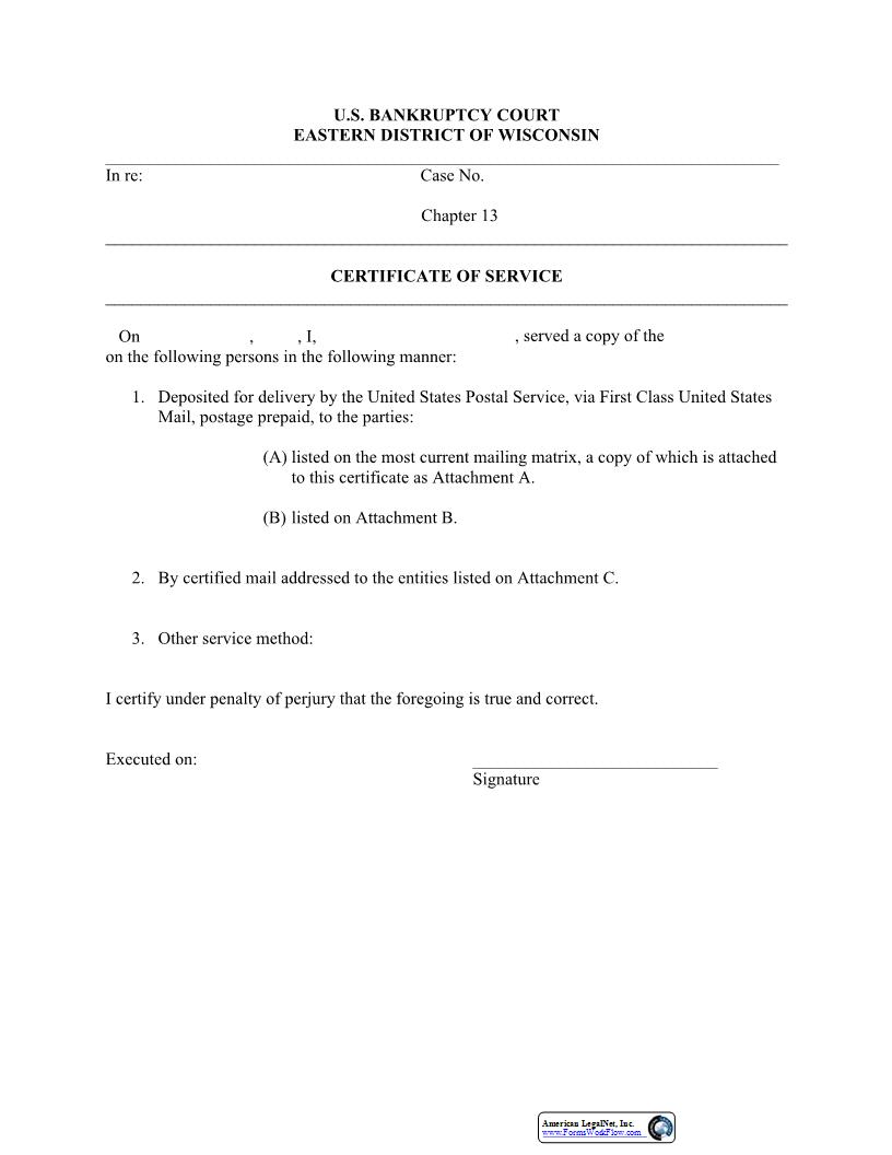 Certificate Of Service CH 13 | Pdf Fpdf Docx | Wisconsin