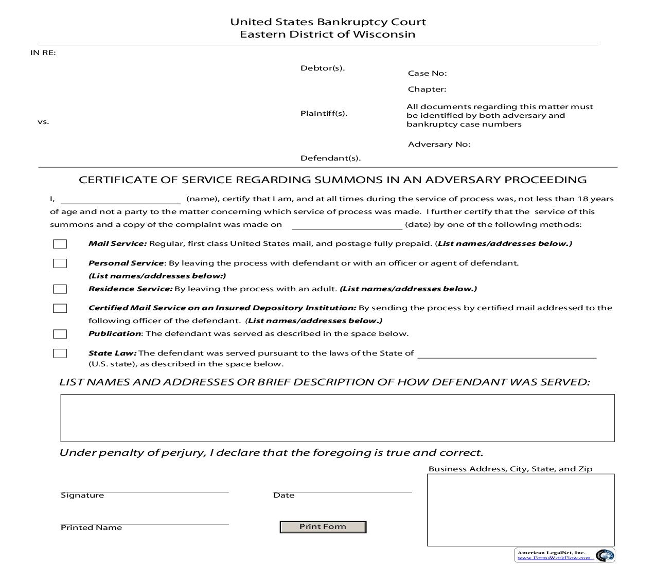 Certificate Of Service Regarding Summons In An Adversary Proceeding | Pdf Fpdf Doc Docx | Wisconsin