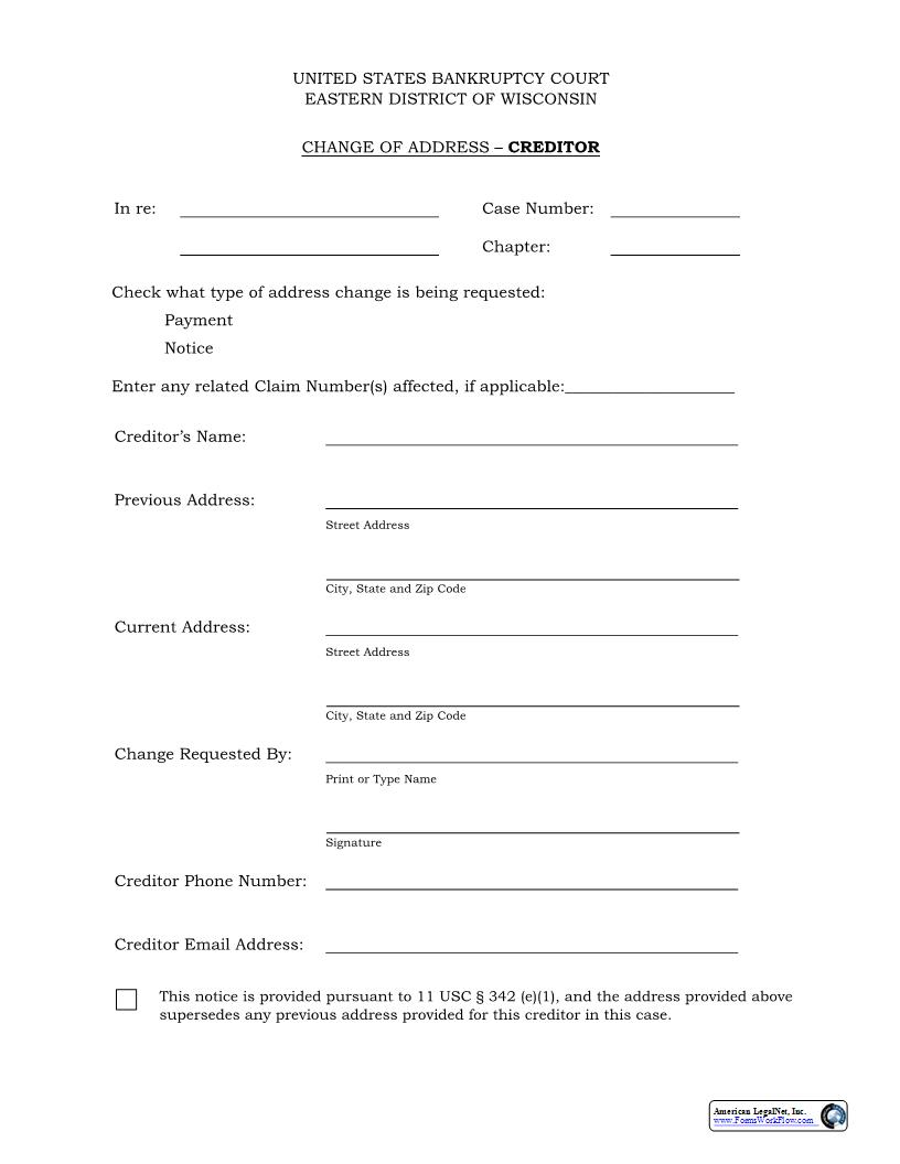 Change Of Address - Creditor | Pdf Fpdf Docx | Wisconsin