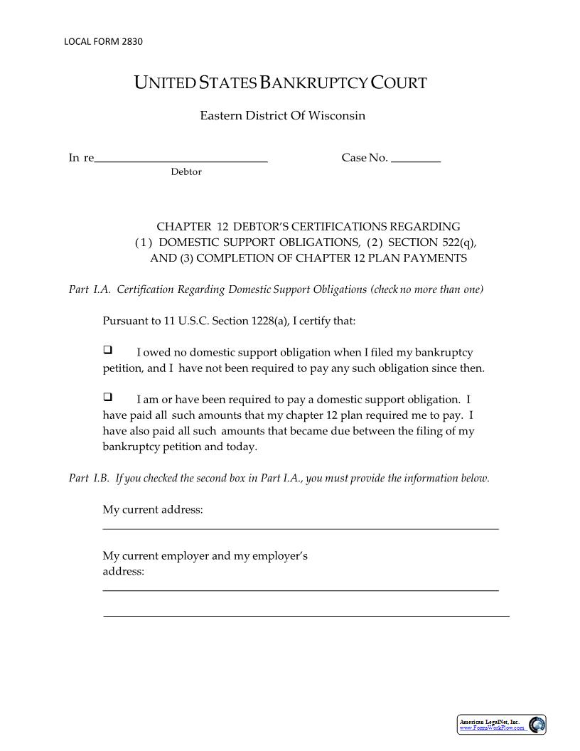 Chapter 12 Debtors Certifications Regarding Domestic Support Section 522(q) And Plan Payments {LF 2830} | Pdf Fpdf Docx | Wisconsin