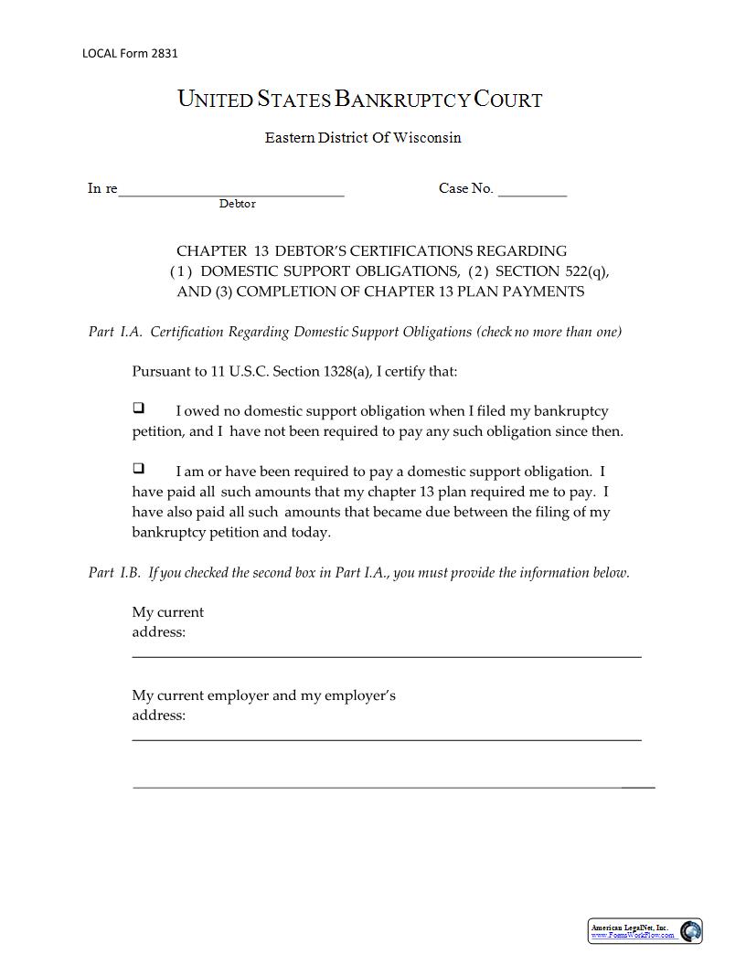 Chapter 13 Debtors Certifications Regarding Domestic Support Section 522(q) And Plan Payments {LF 2831} | Pdf Fpdf Docx | Wisconsin