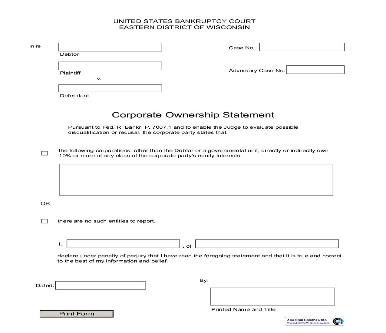 Corporate Ownership Statement (Adversary Case) | Pdf Fpdf Doc Docx | Wisconsin