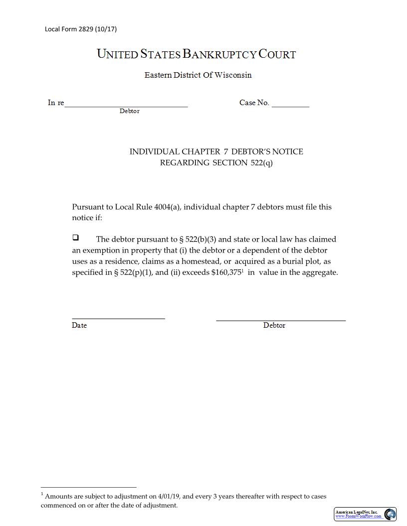 Individual Chapter 7 Debtors Notice Regarding Section 522(q) {LF 2829} | Pdf Fpdf Docx | Wisconsin
