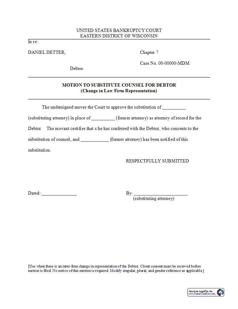 Motion To Substitute Counsel For Debtor New Firm | Pdf Fpdf Docx | Wisconsin