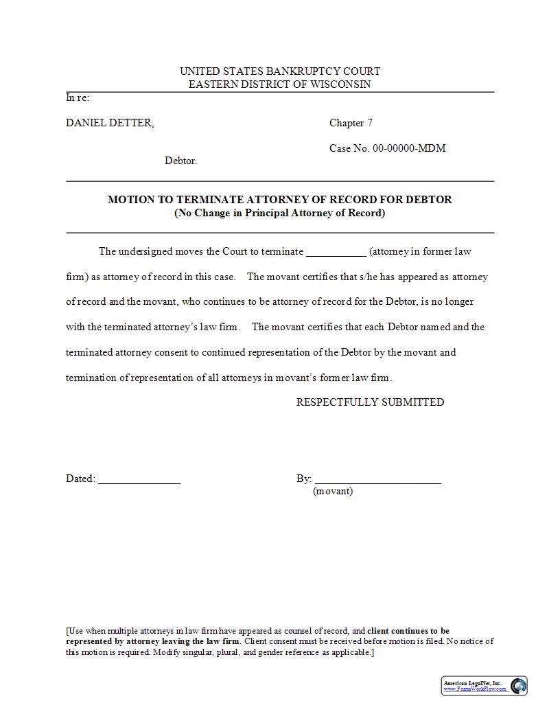 Motion To Terminate Attorney Of Record For Debtor | Pdf Fpdf Docx | Wisconsin
