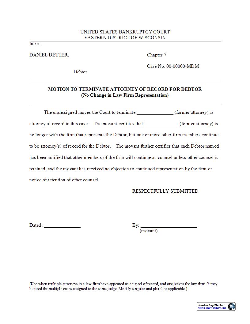 Motion To Terminate Attorney Of Record No New Firm | Pdf Fpdf Docx | Wisconsin