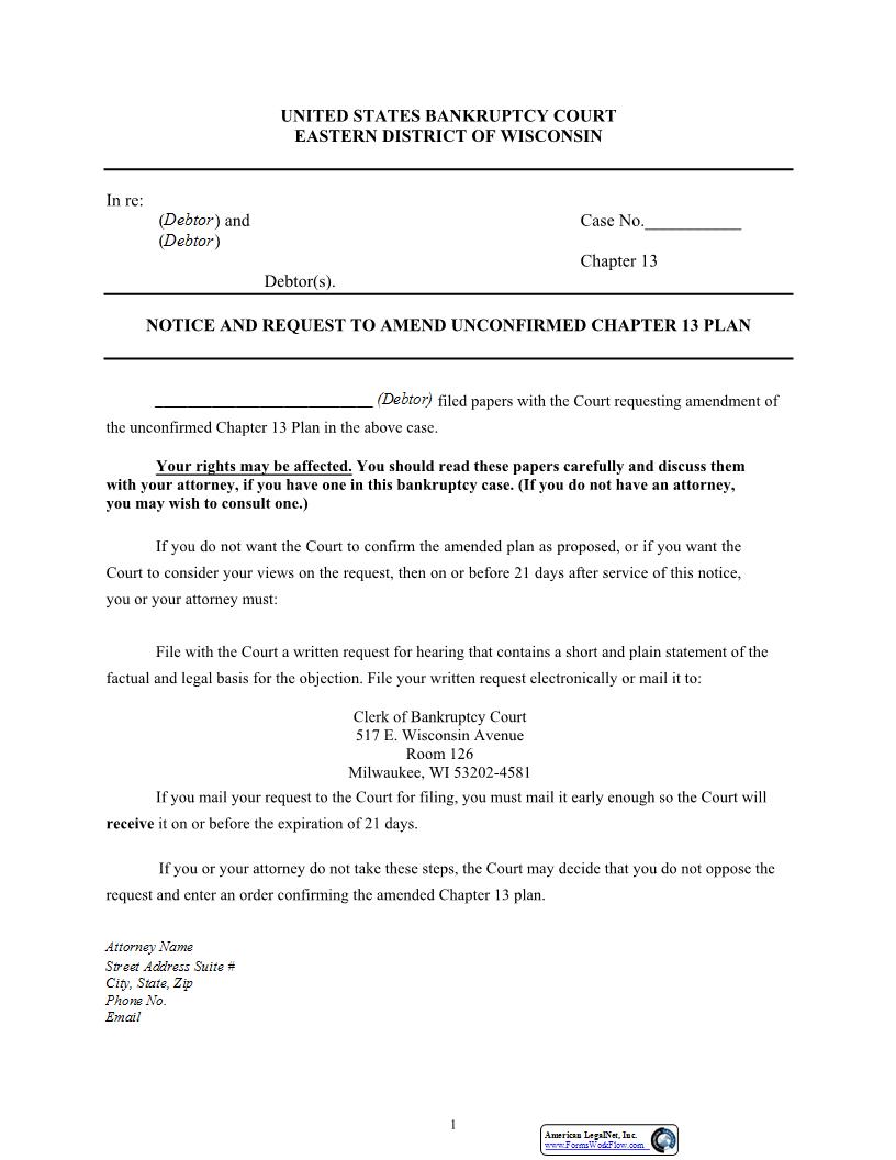 Notice And Request To Amend Unconfirmed CH 13 Plan | Pdf Fpdf Docx | Wisconsin