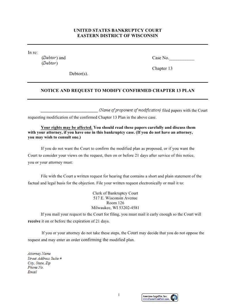 Notice And Request To Modify Confirmed Chapter 13 Plan | Pdf Fpdf Docx | Wisconsin