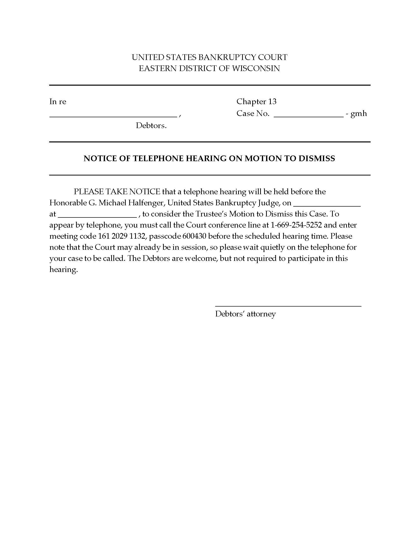 Notice Of Hearing On Motion To Dismiss CH 13 GMH | Pdf Fpdf Docx | Wisconsin