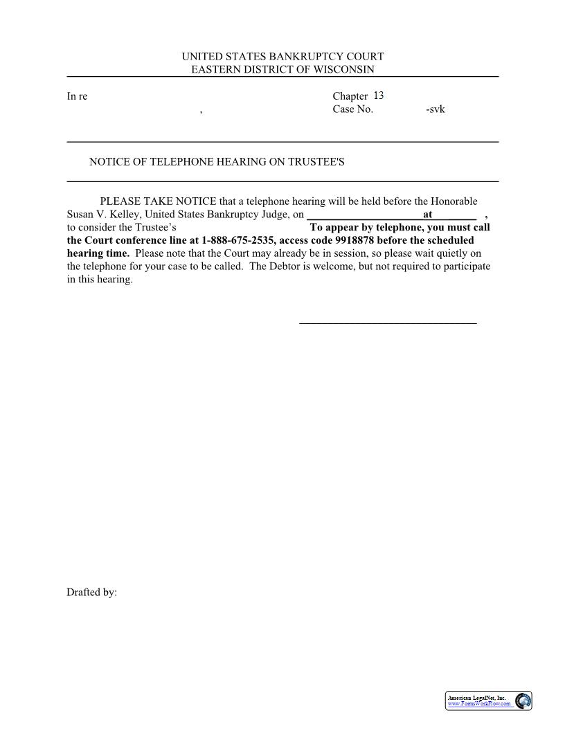 Notice Of Hearing On Motion To Dismiss CH 13 SVK | Pdf Fpdf Docx | Wisconsin