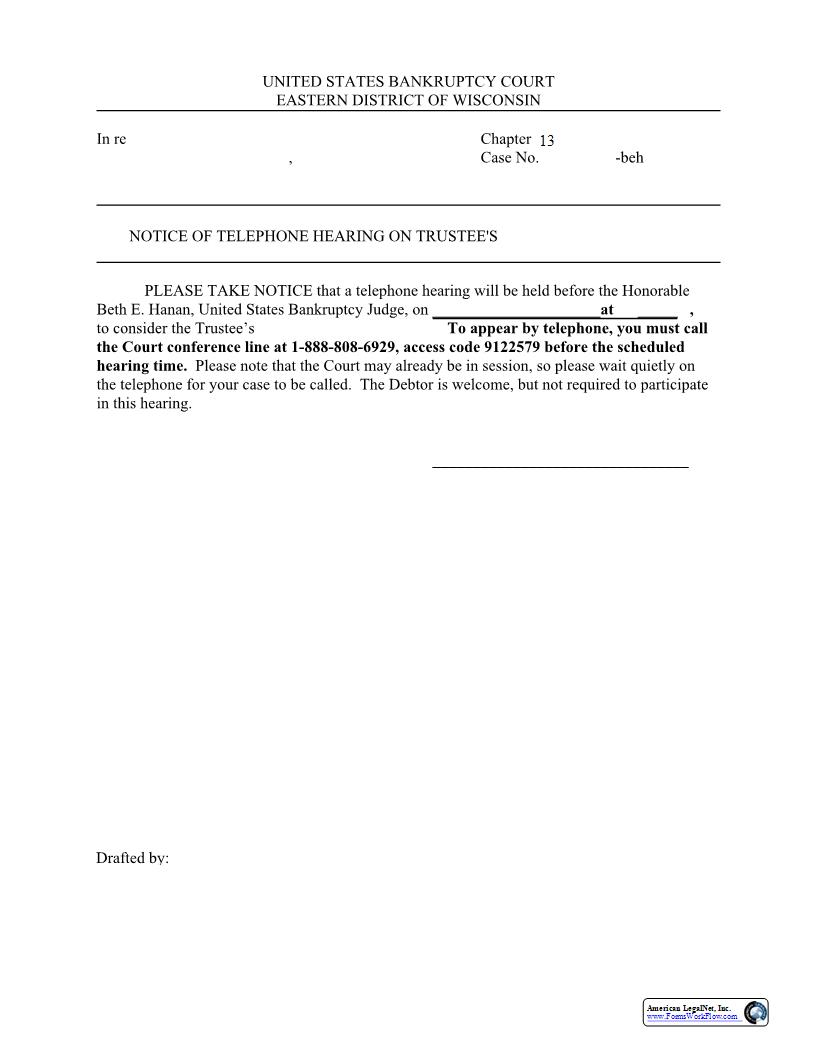 Notice Of Hearing on Motion To Dismiss CH 13 BEH | Pdf Fpdf Docx | Wisconsin