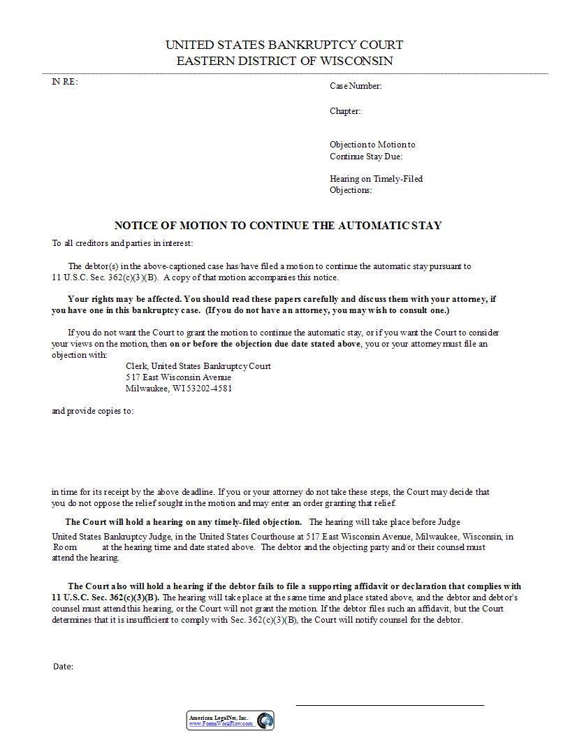 Notice Of Motion To Continue The Automatic Stay | Pdf Fpdf Docx | Wisconsin