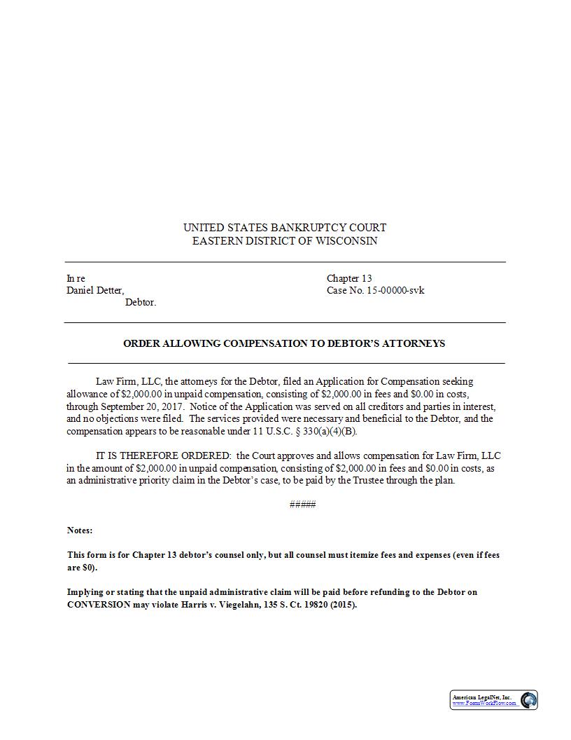 Order Allowing Compensation To Debtor Attorneys | Pdf Fpdf Docx | Wisconsin