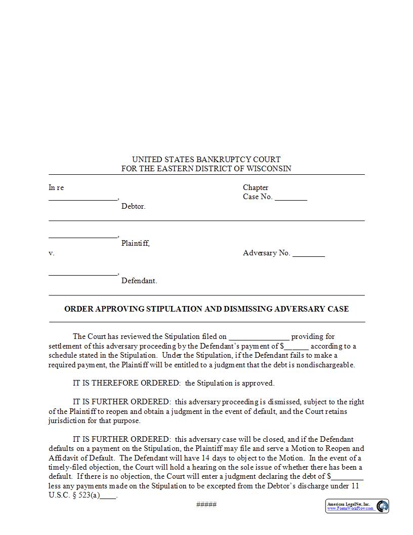 Order Approving Stipulation And Dismissing Adversary Case | Pdf Fpdf Docx | Wisconsin