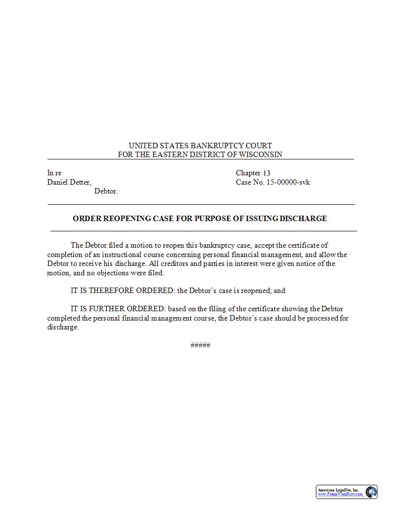 Order Reopening Case For Purpose Of Discharge CH 13 | Pdf Fpdf Docx | Wisconsin